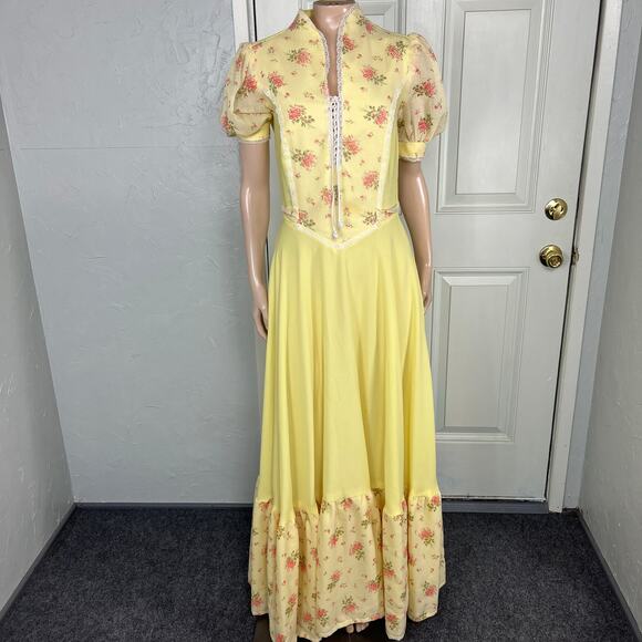 Vintage 70s Dress Maxi Gunne Style Prairie Floral Formal Long Cotton Lace DD23 - Picture 1 of 10